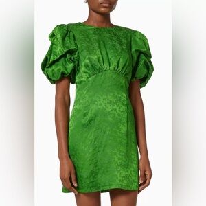 THE ANDAMANE Gloria Jacquard Puff Short Sleeve Open Back Green Mini Dress 38/XS